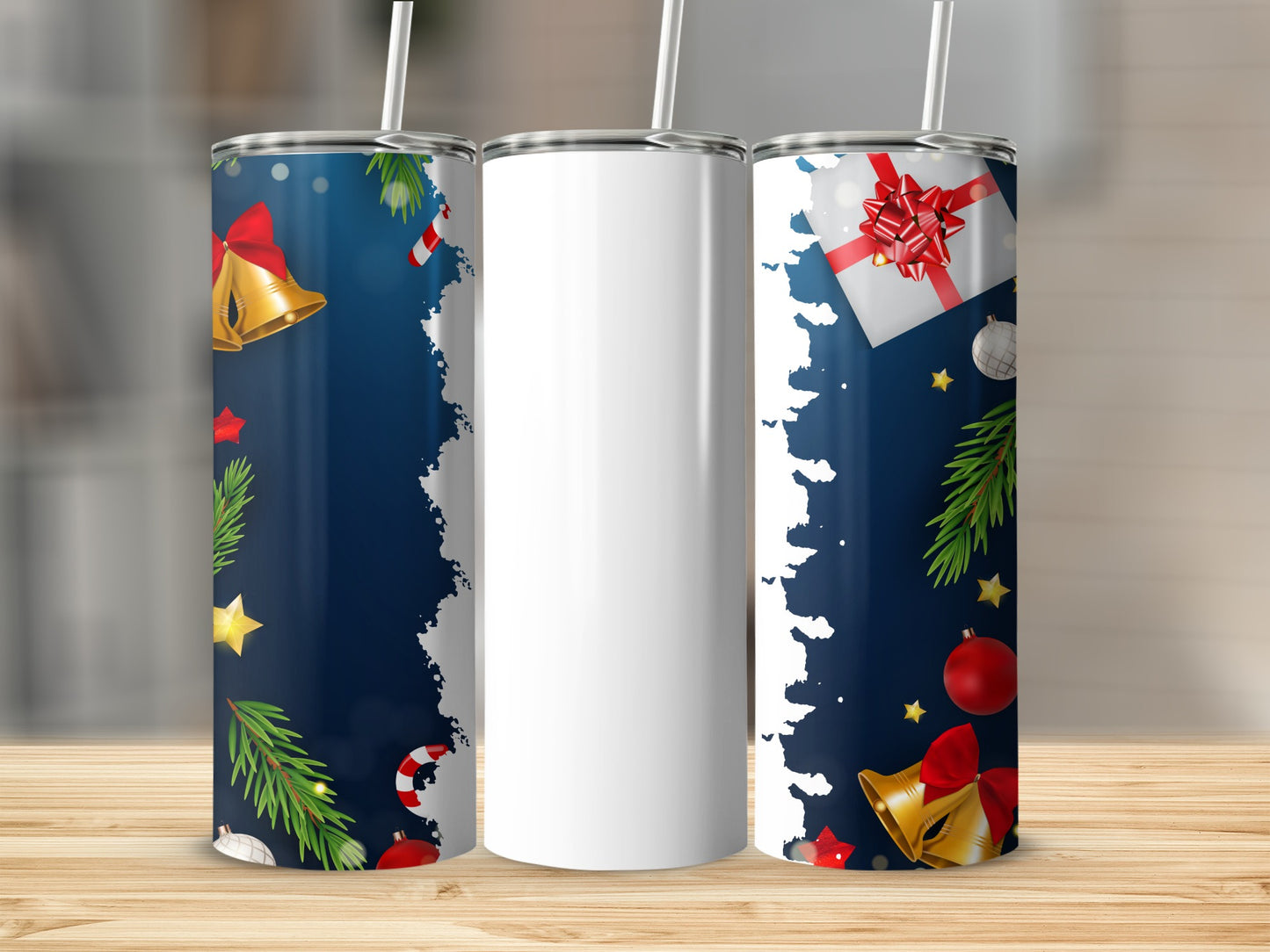 Festive Holiday Theme Tumbler with Bells and Gift Design
