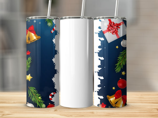 Festive Holiday Theme Tumbler with Bells and Gift Design