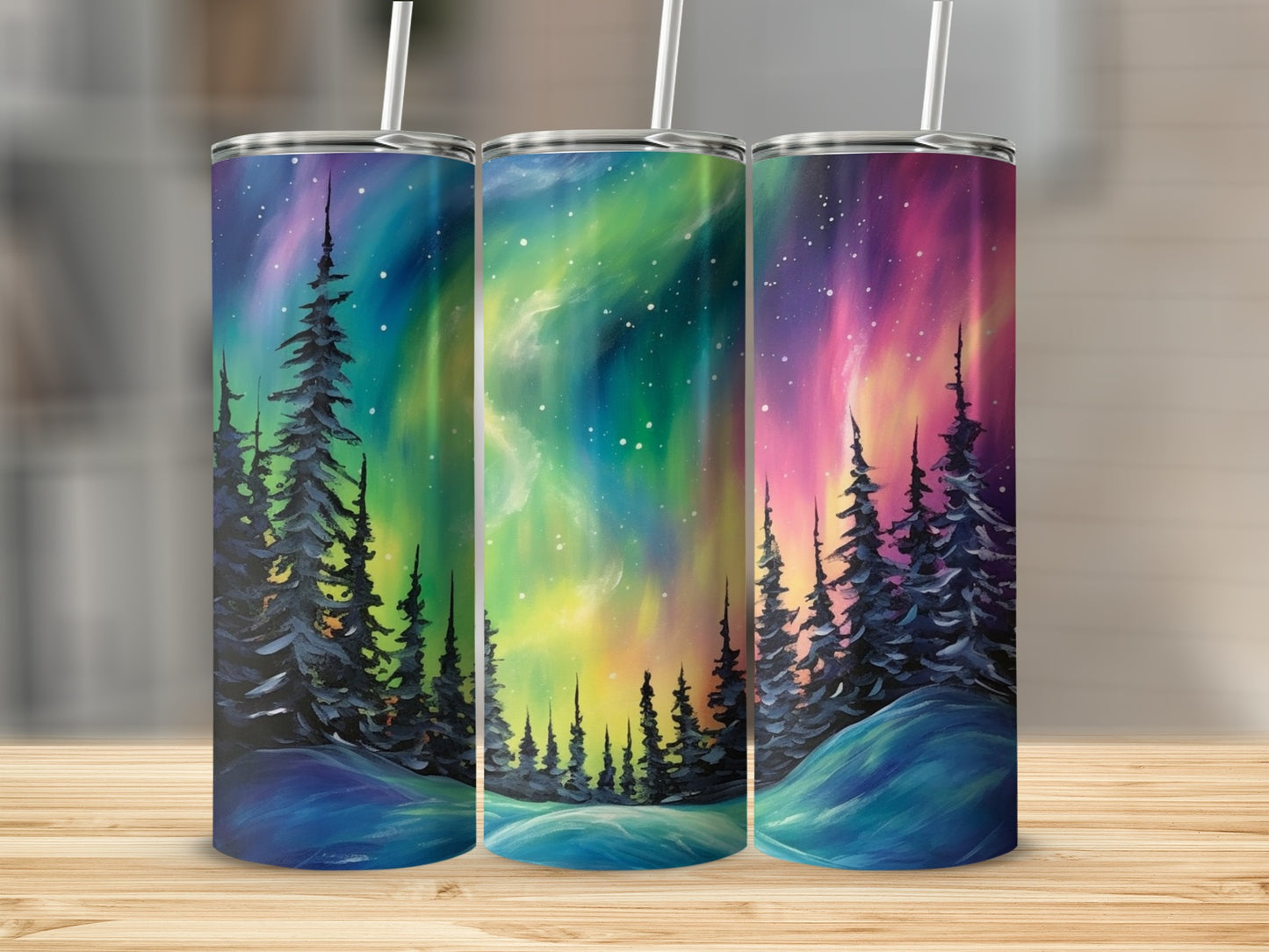 Vivid Northern Lights Tumbler with Forest Design Tumbler