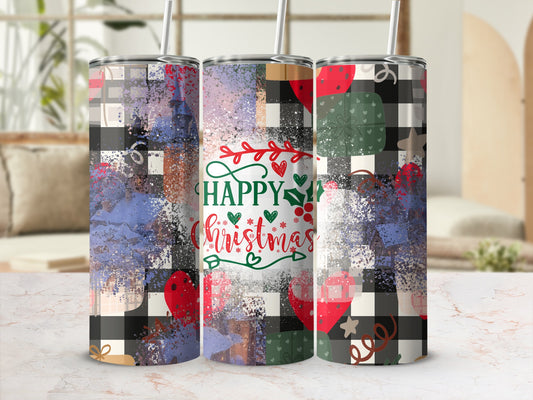 Christmas tumbler with plaid and abstract paint design.