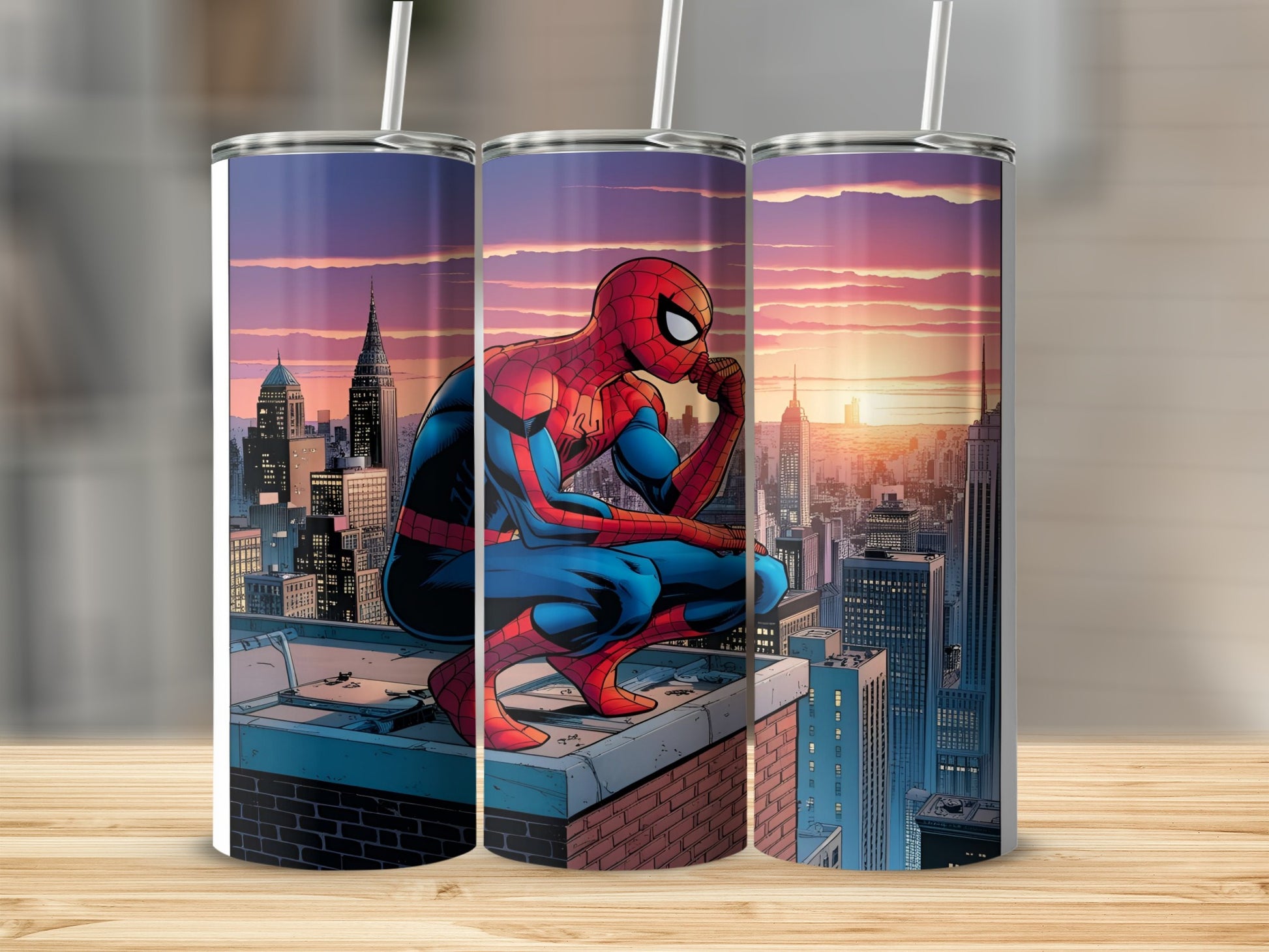 Spider-Man crouching on rooftop overlooking city at sunset.