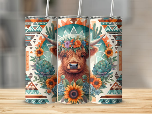 Highland cow with floral crown on patterned tumbler.
