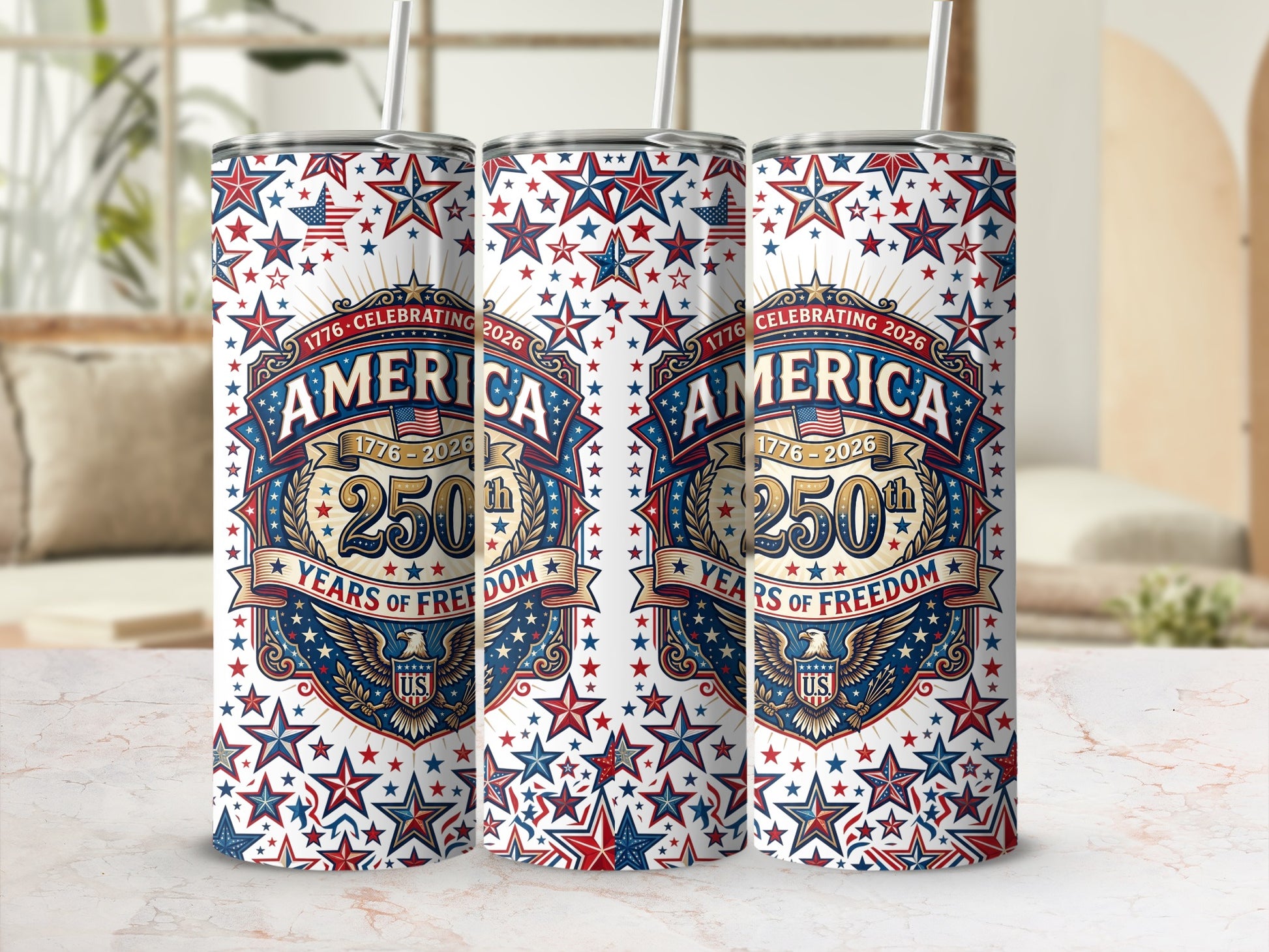 Patriotic America 250 Years of Freedom 1776-2026 tumbler with stars and stripes.