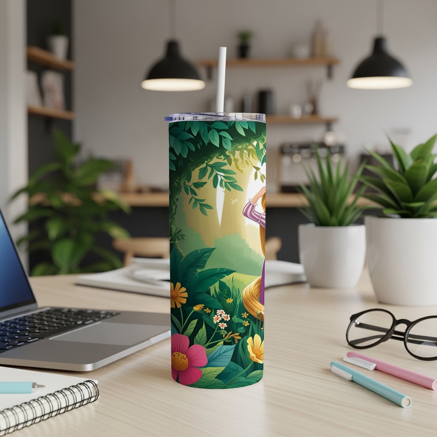 Tall tumbler with whimsical jungle scene and woman.