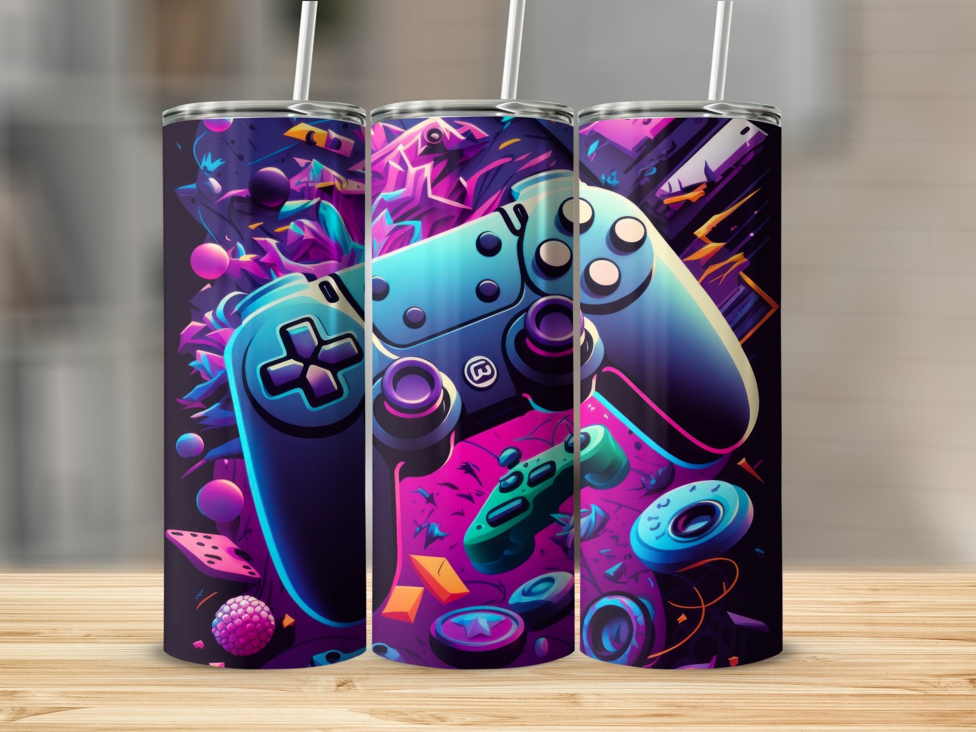Vibrant Gaming Controller Themed Tumbler Cup Design