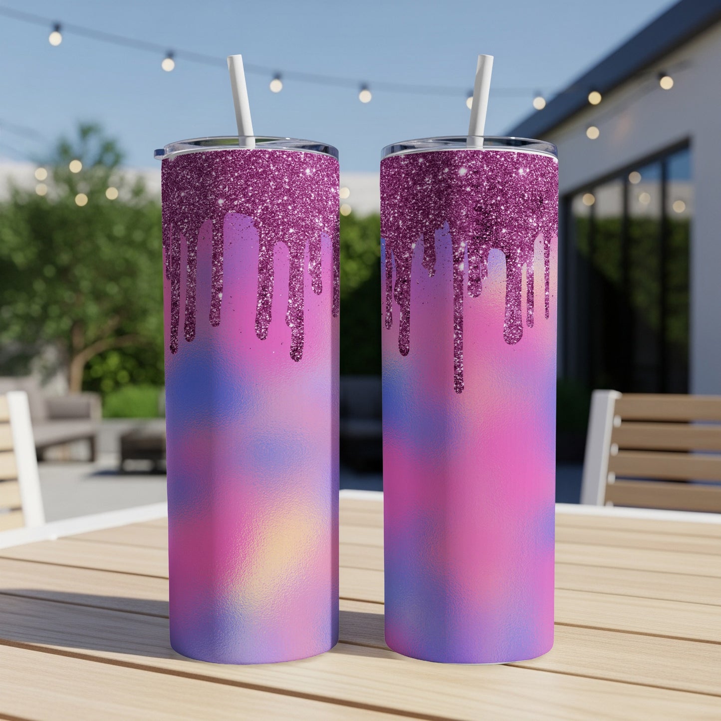 Two pink and purple tie-dye tumblers with purple glitter drip design.