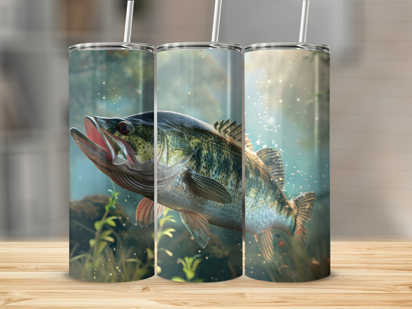 Largemouth bass with open mouth, swimming underwater, light rays through water.