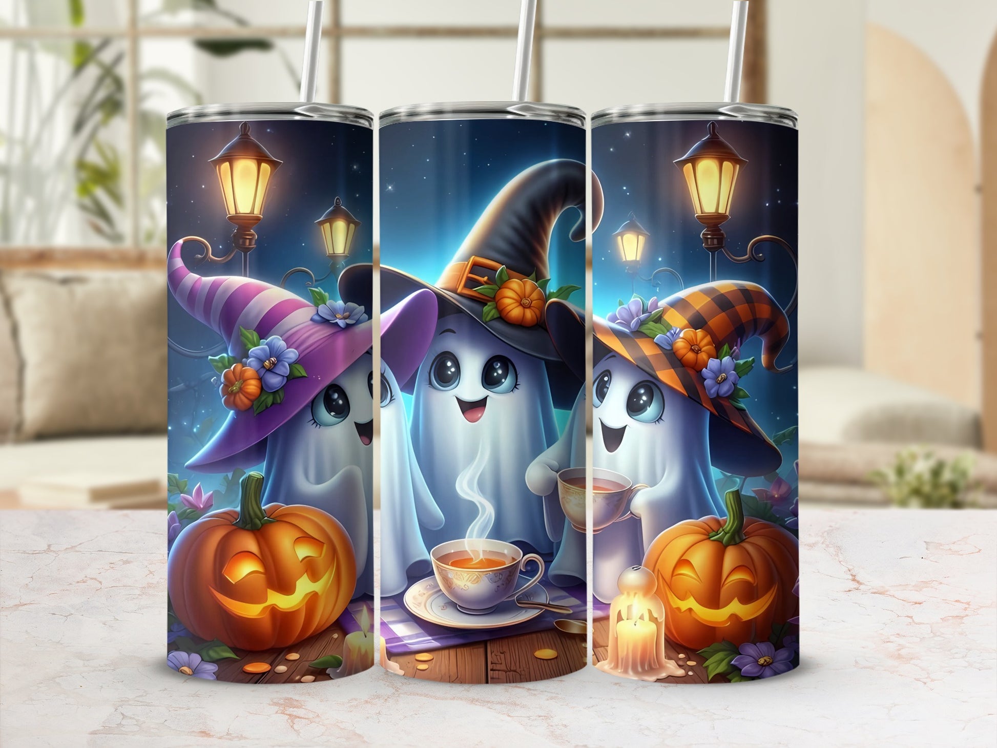 Three cute ghosts wear witch hats and hold cups of tea, with pumpkins nearby.