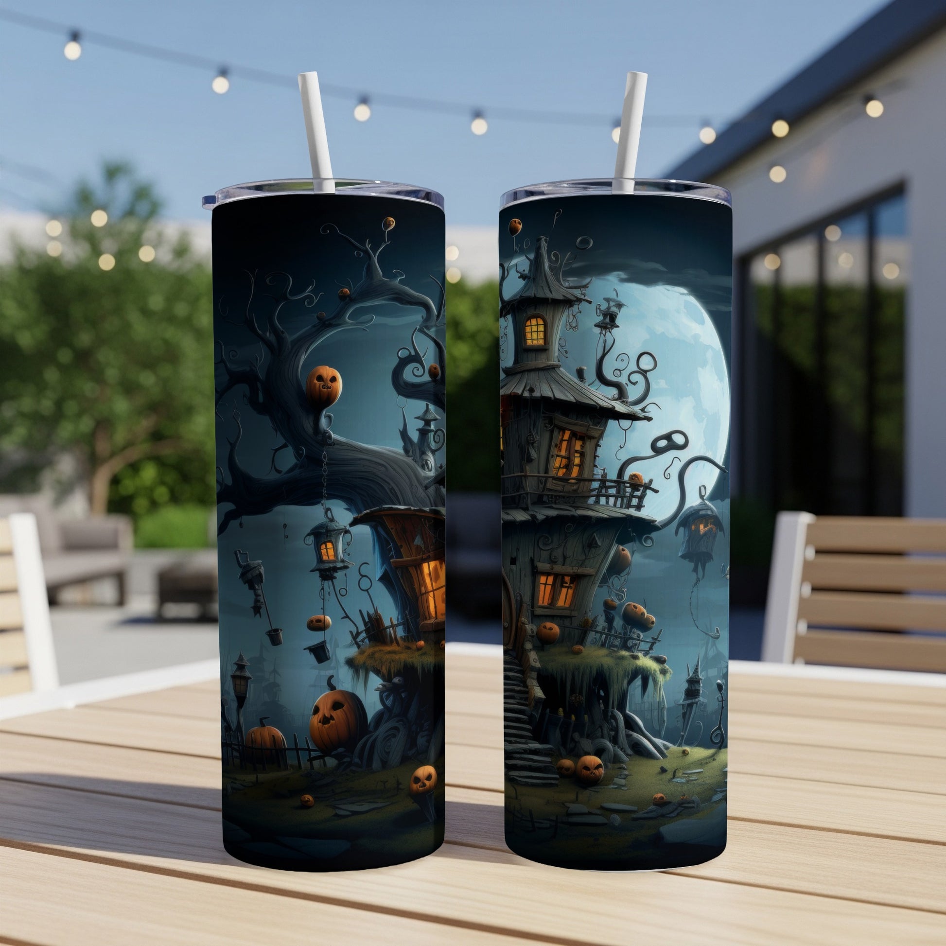 Two tumblers with spooky Halloween house and jack-o'-lantern designs.