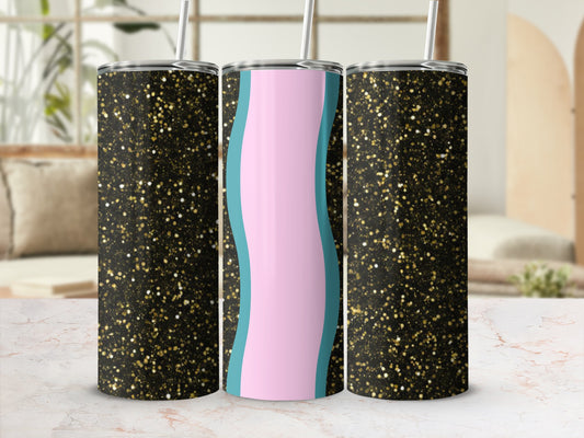 Three tumblers with black and gold glitter design and blue and pink wavy stripes.