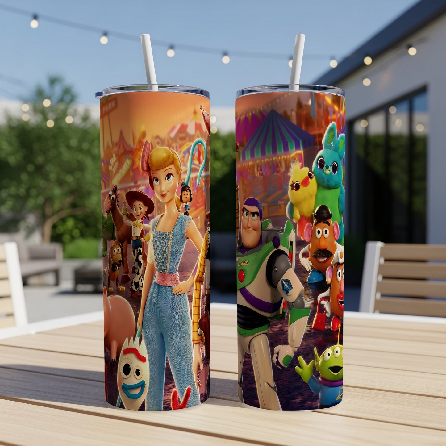 Two tumblers with Toy Story characters, including Woody, Buzz Lightyear, and Forky.