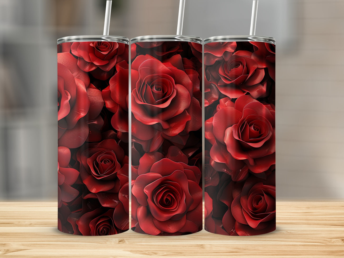 Three tumblers with a seamless pattern of deep red roses.