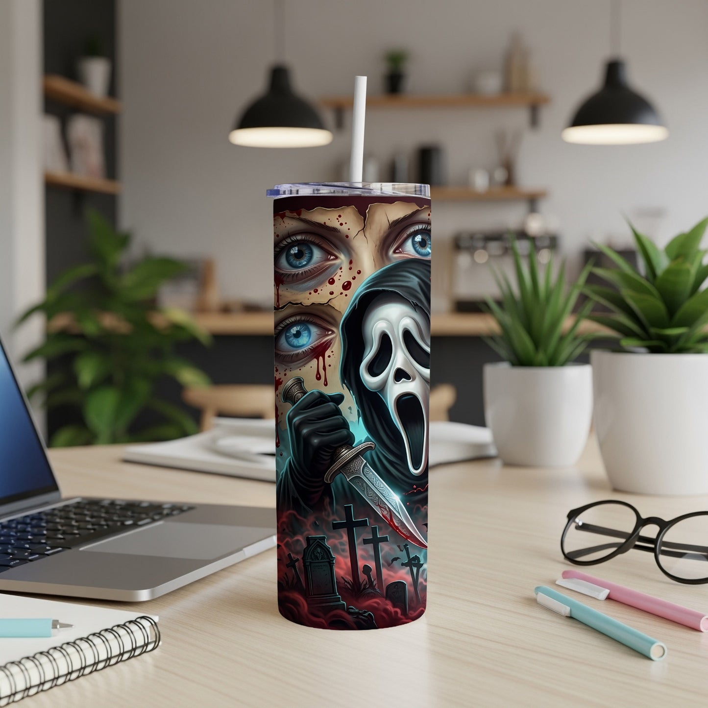 Tumbler with Ghostface mask, bloody eyes, and graveyard scene.
