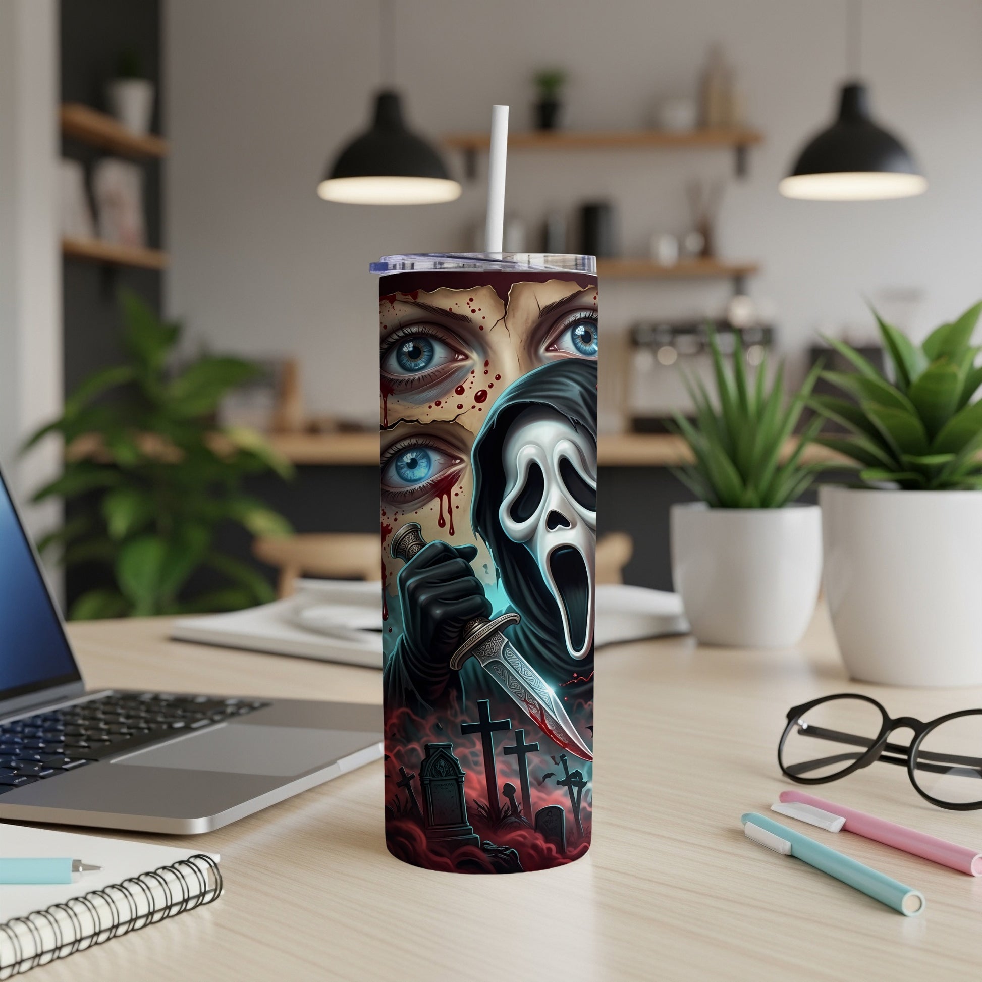 Tumbler with Ghostface mask, bloody eyes, and graveyard scene.