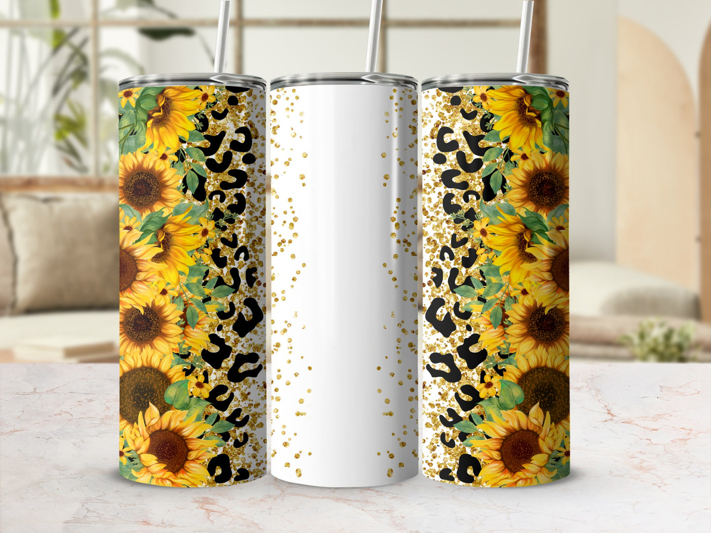 White tumbler with sunflowers, leopard print, and gold glitter accents.