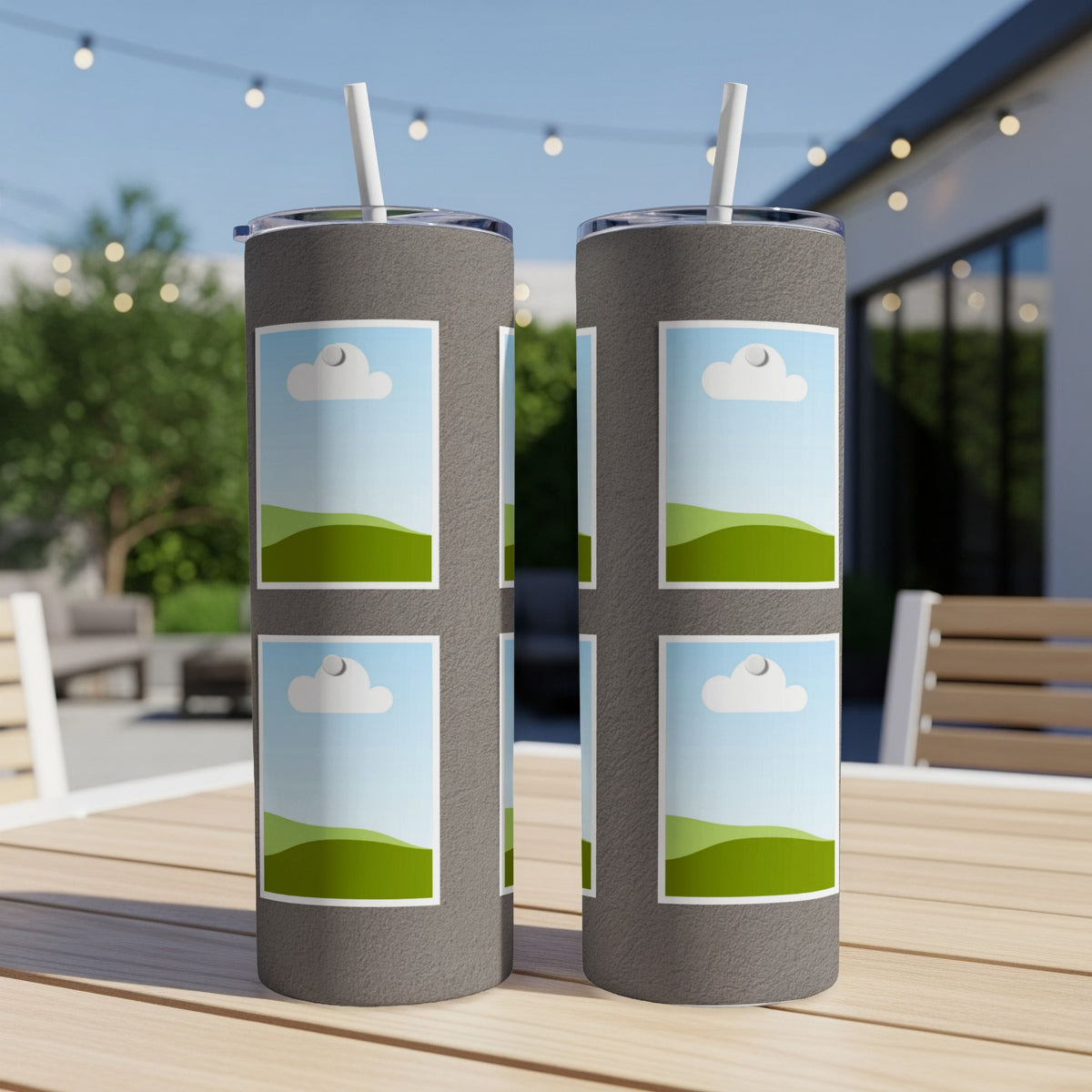 Two grey tumblers with straw holders display a repeating pattern of landscape photo placeholders.