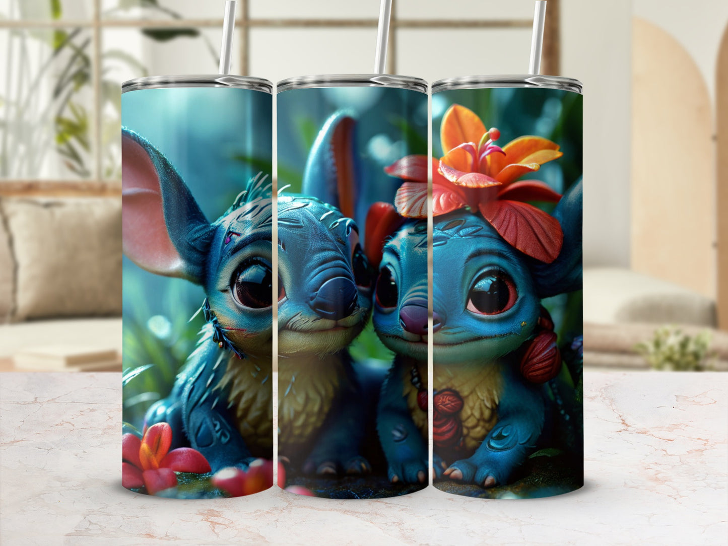 Stitch and Angel with flowers on a blue background.