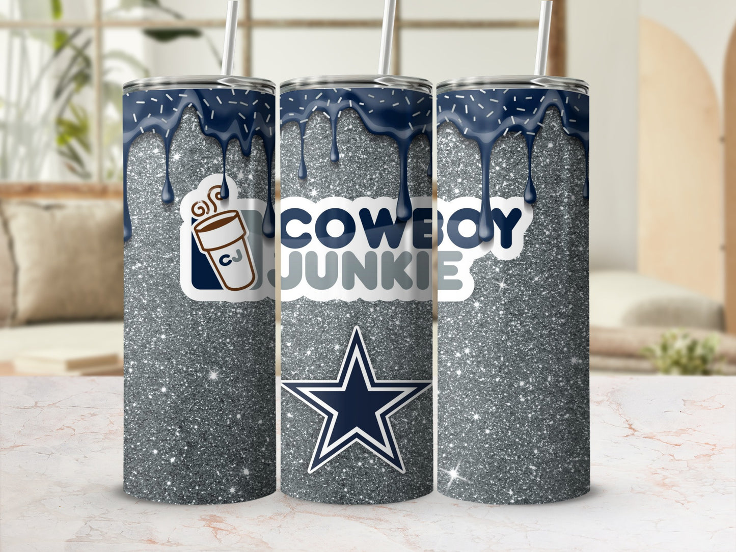 Blue Drip Glitter Cowboy Junkie Custom Tumbler