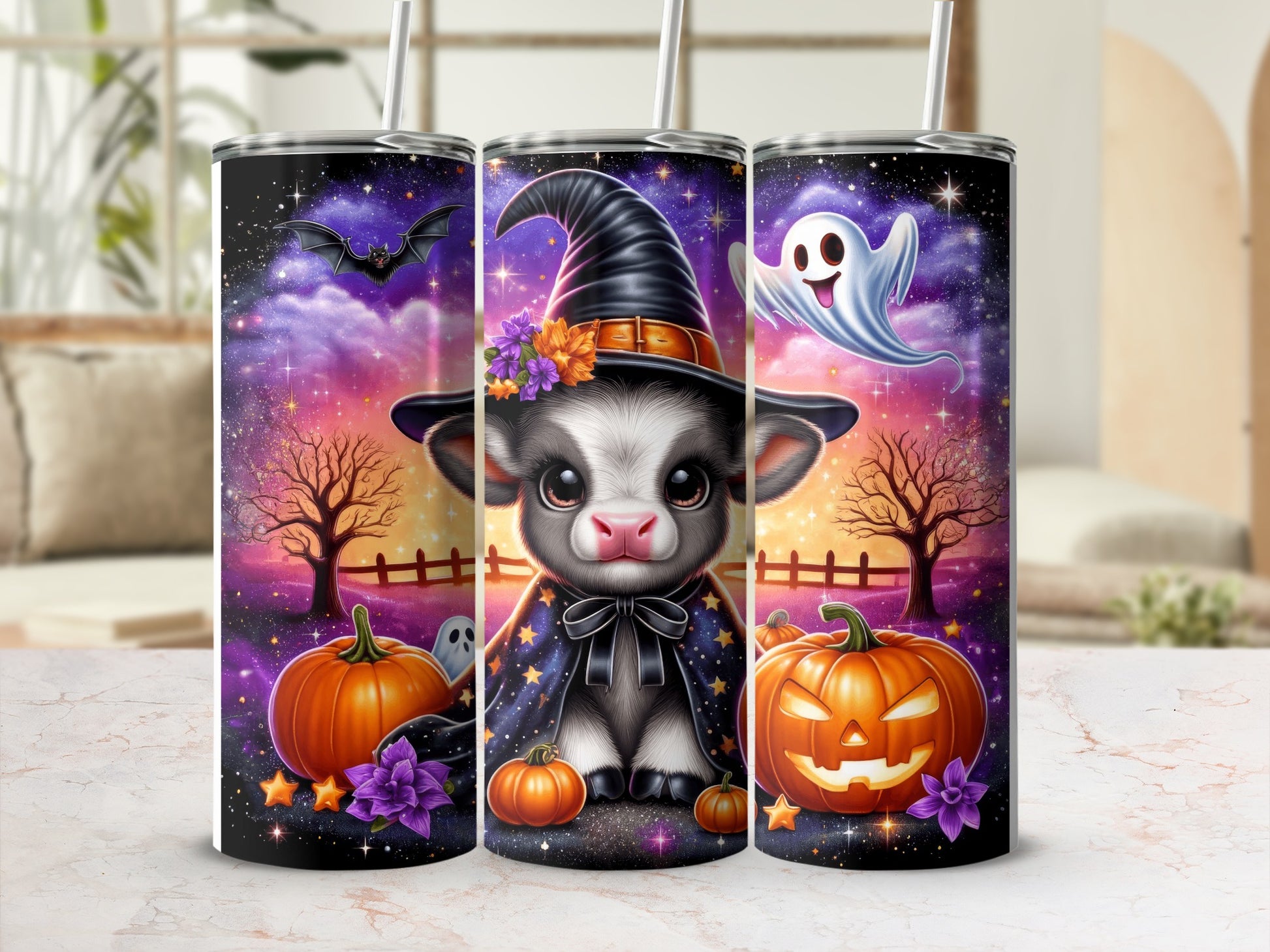 Cute cow in witch hat, pumpkins, and Halloween decorations.