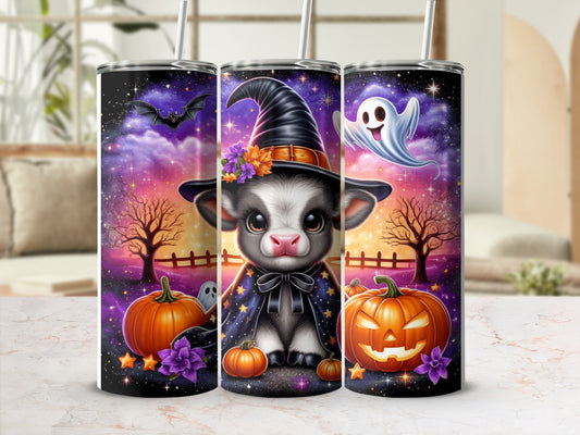 Cute cow in witch hat, pumpkins, and Halloween decorations.