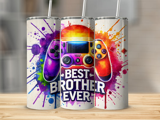 Two tumblers with colorful controller design and "Best Brother Ever" text.