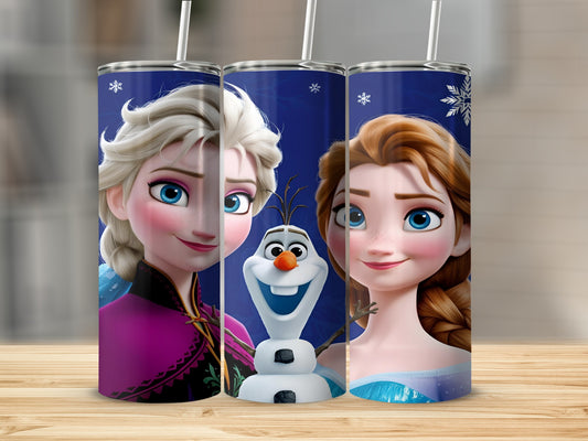 Elsa, Olaf, and Anna from Frozen on a tumbler with snowflakes.