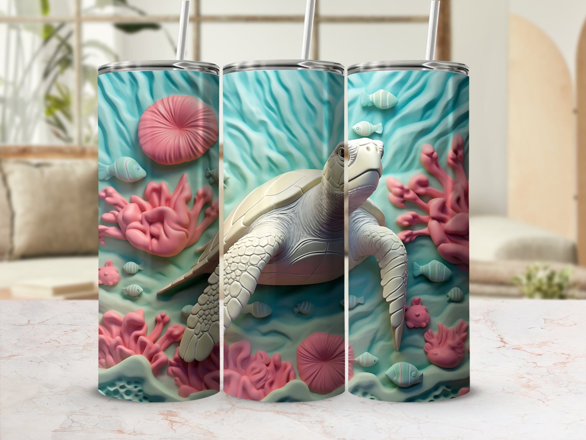 Sea turtle swimming among coral and fish, stylized underwater scene.