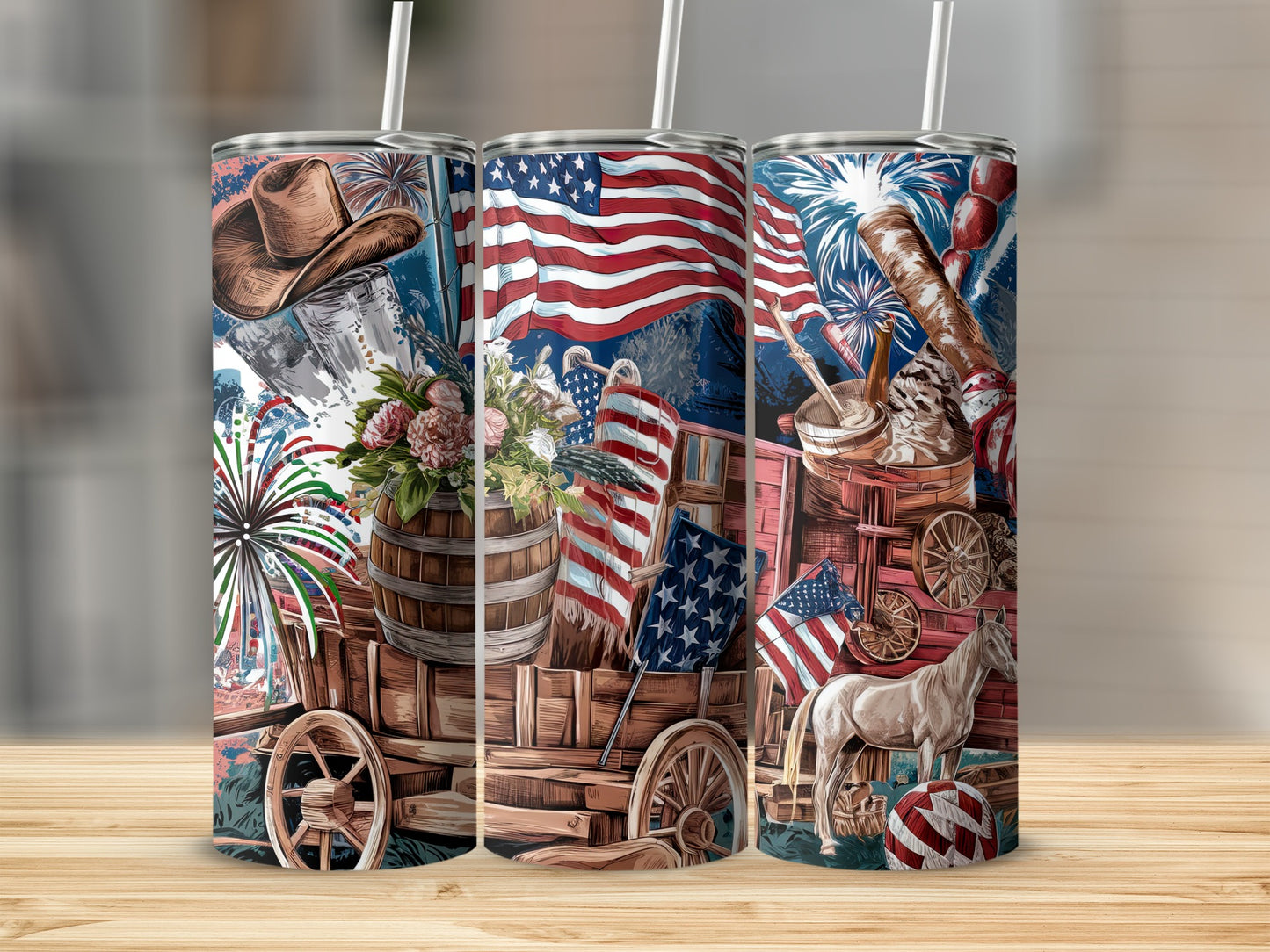 Patriotic tumbler with fireworks, American flags, wagon, and cowboy hat.