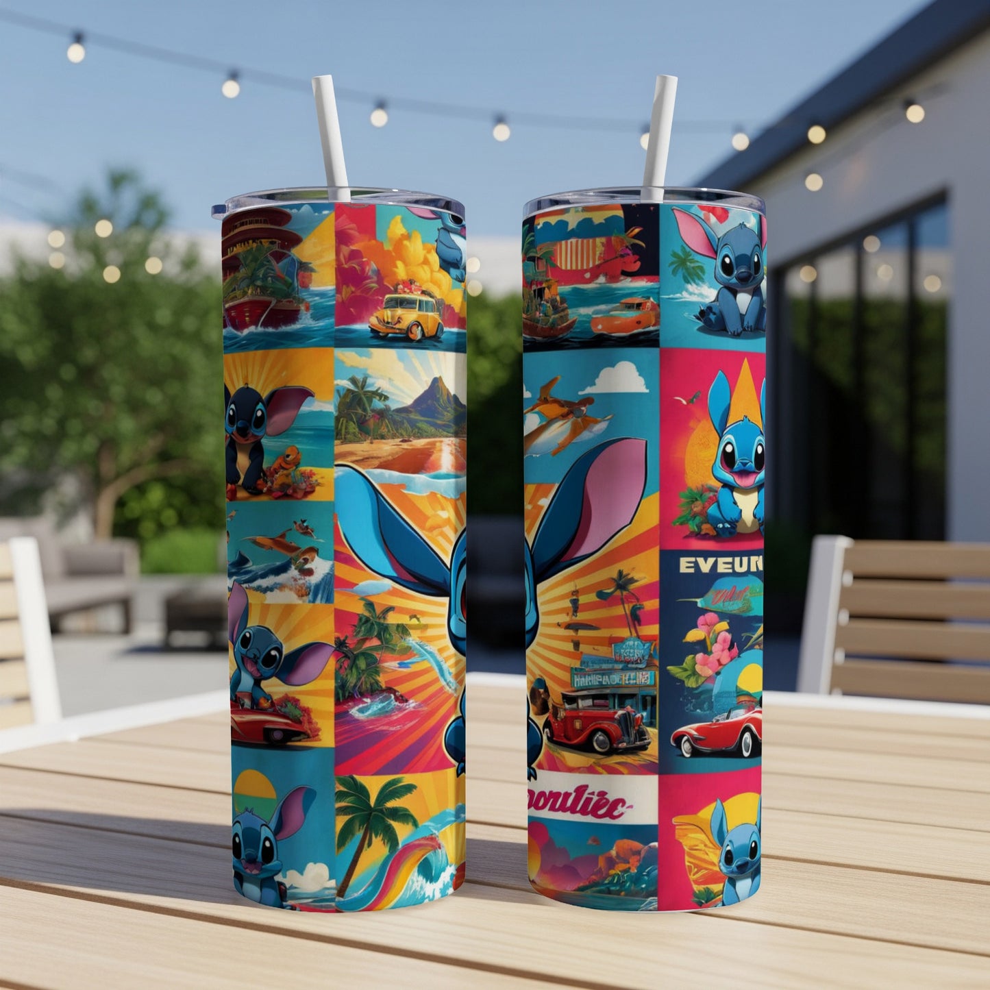 Two travel-themed tumblers with Stitch on a colorful collage background.