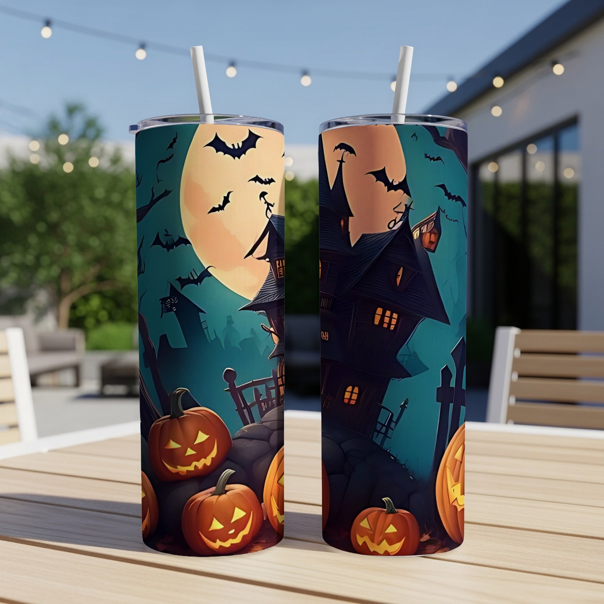 Two Halloween tumblers with haunted houses, bats, and pumpkins against a full moon.