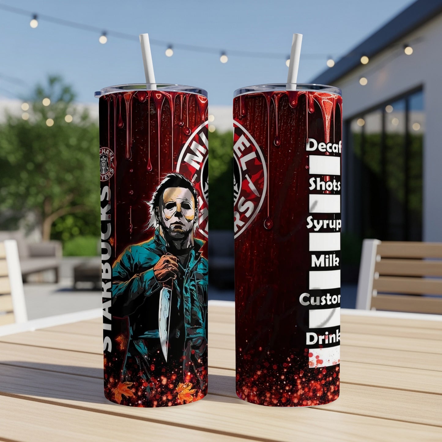 Michael Myers tumbler with Starbucks and drink customization text.