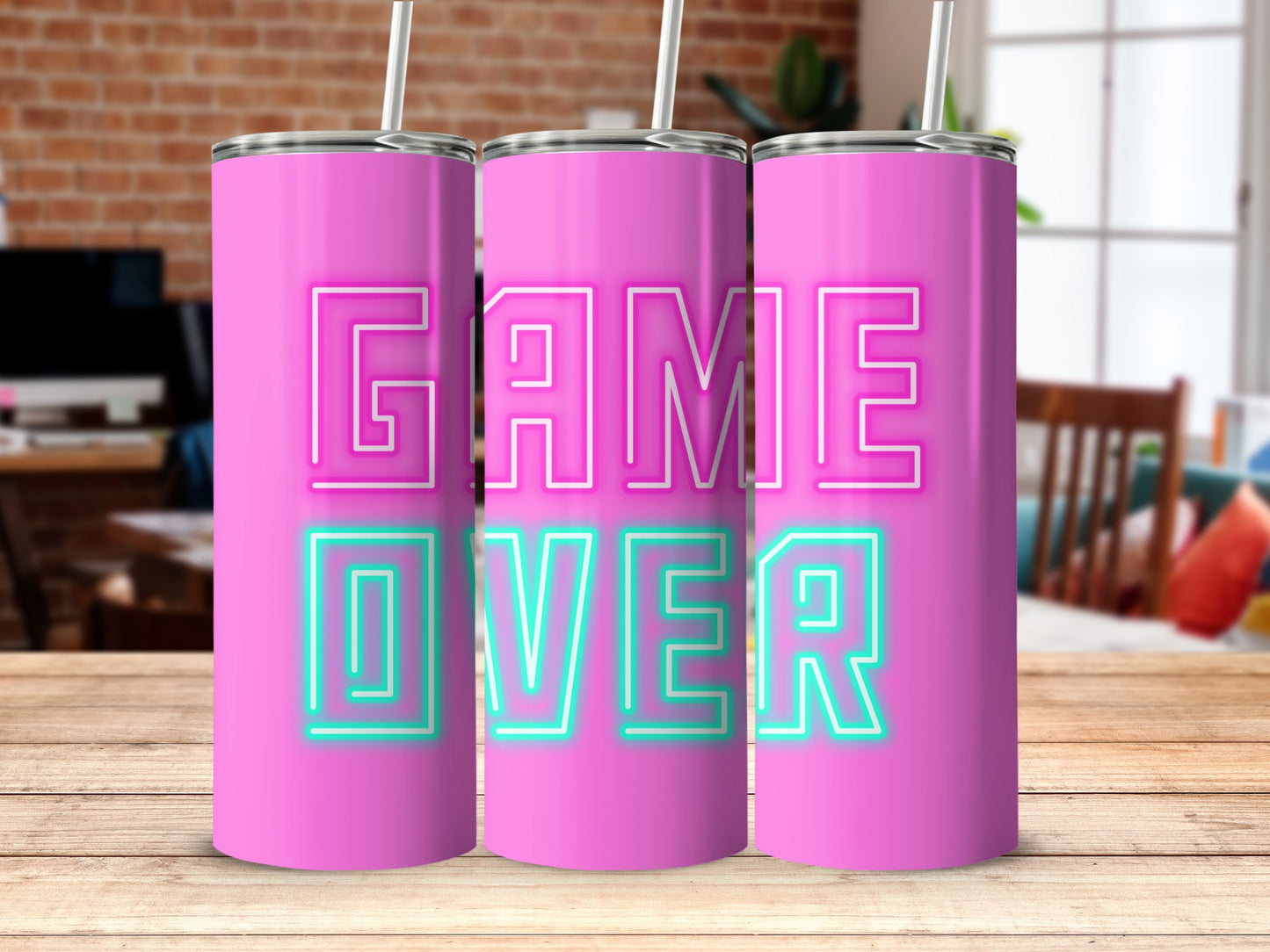 GAME OVER Neon Pink and Blue Tumbler