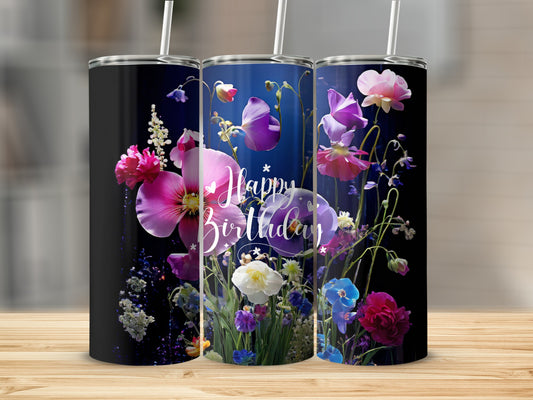 Three tumblers with vibrant floral designs and "Happy Birthday" text.