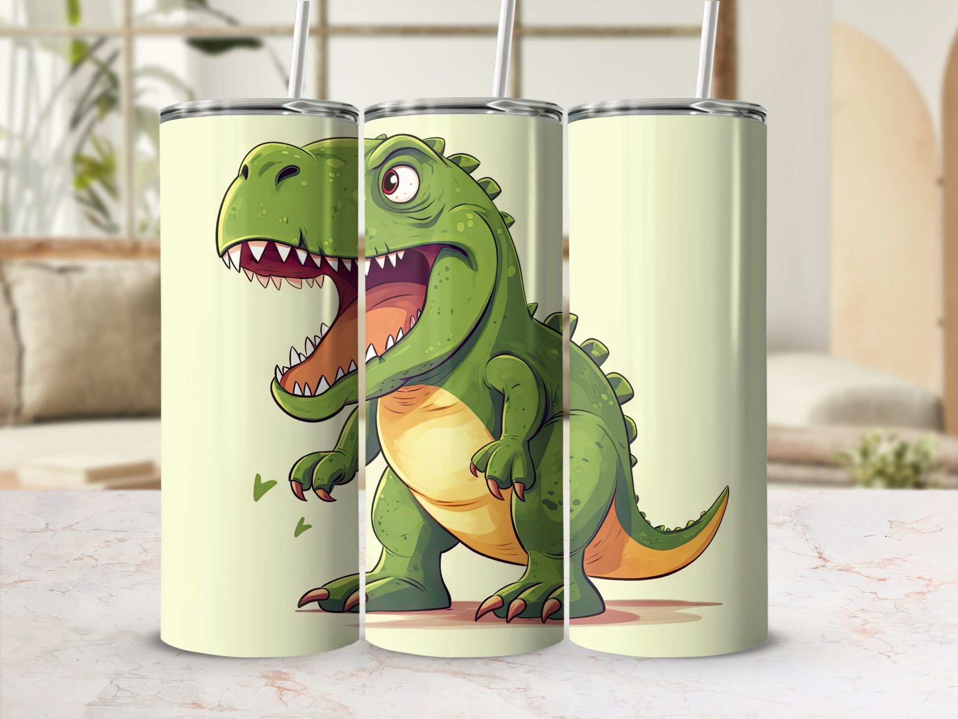 Green T-Rex Cartoon Design Tumbler for Kids