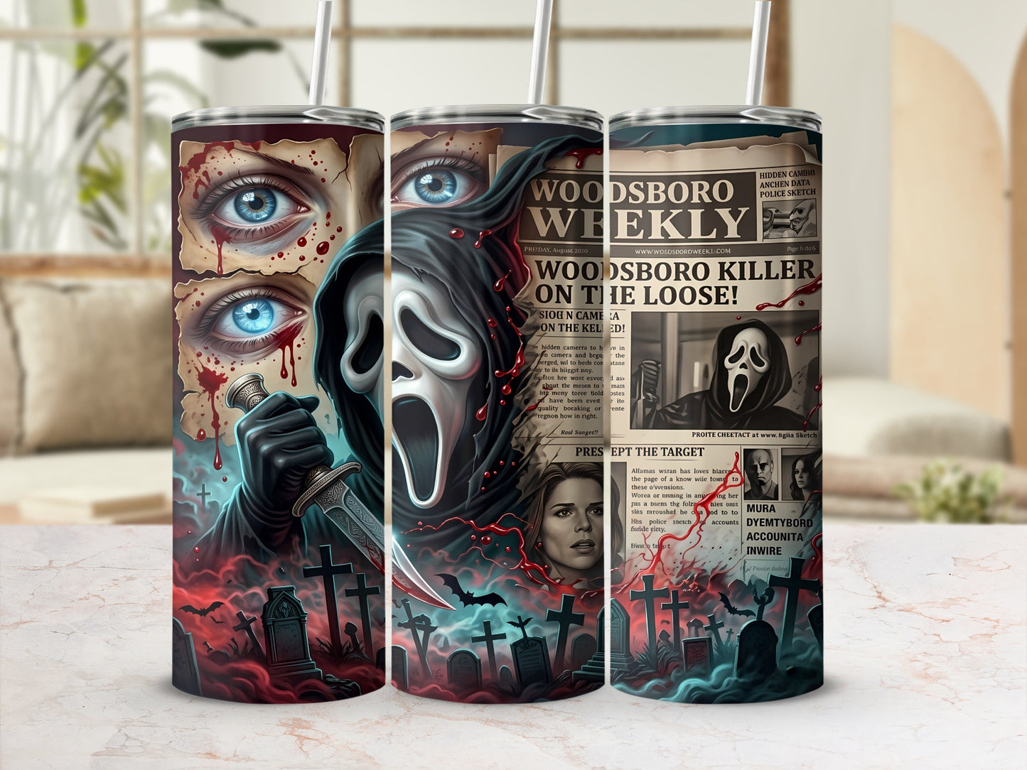 Ghostface mask, eyes, and bloody newspaper headlines adorn three tumblers.