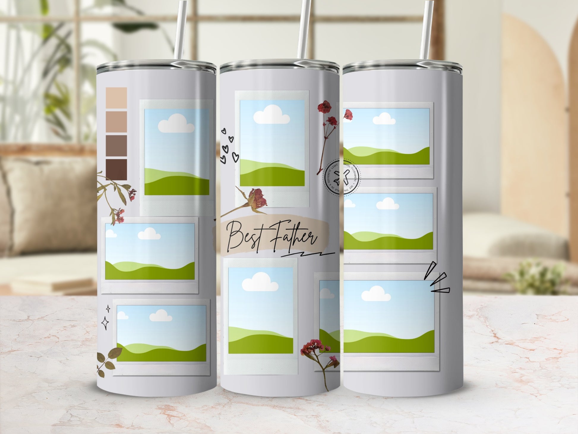 Tumbler with "Best Father" text, multiple photo frames, and floral accents.