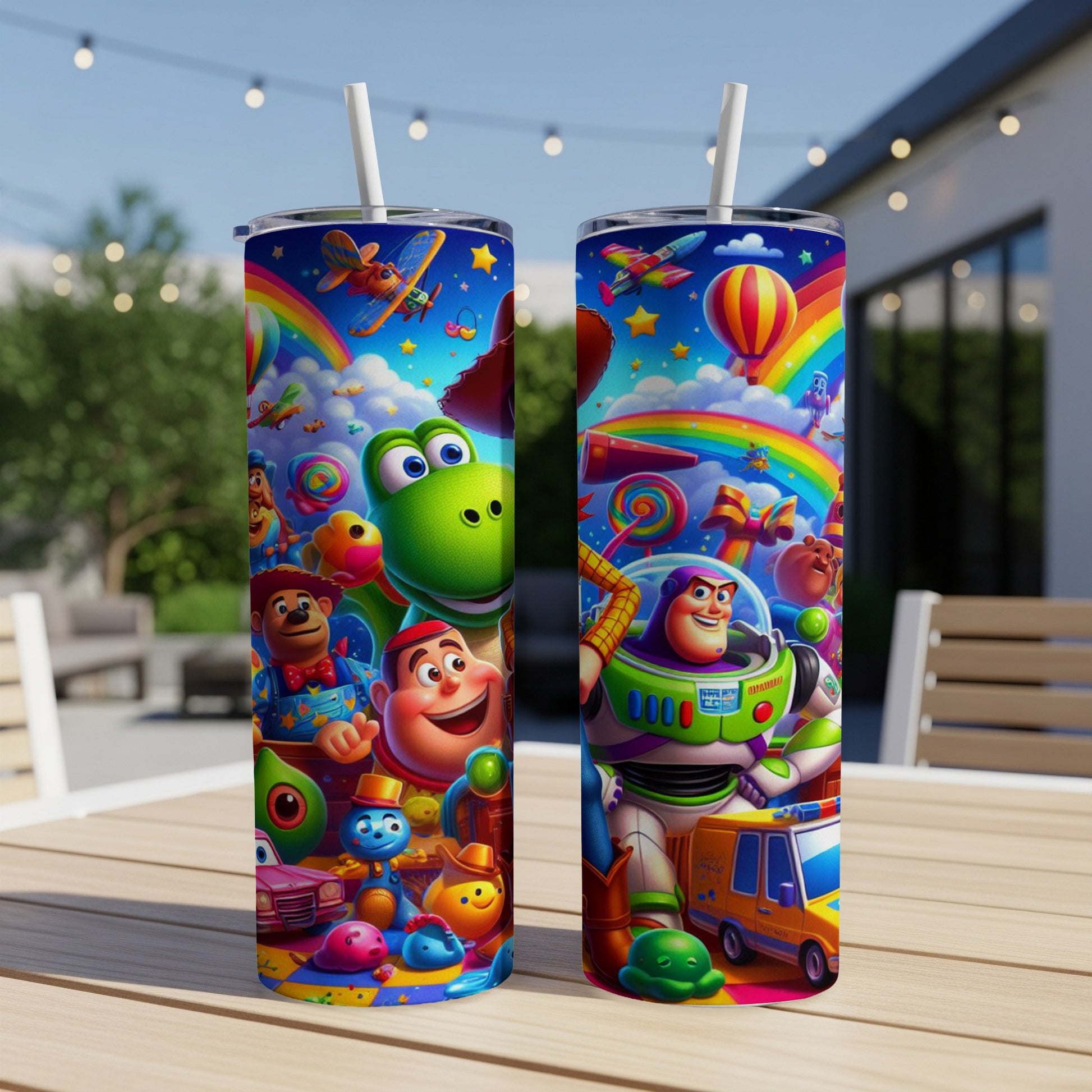 Toy Story characters and objects on a colorful, festive background.