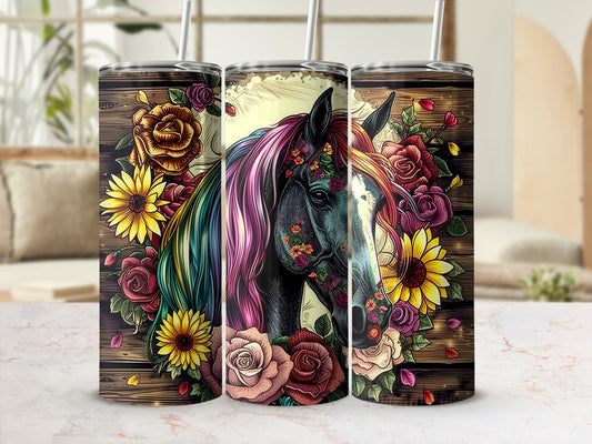 Black horse with colorful mane surrounded by roses and sunflowers.