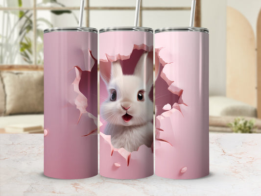 Cute Bunny Peeking Through Pink Wall Tumbler Product