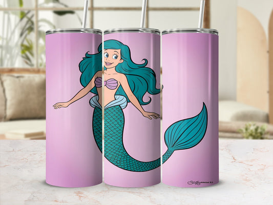 Cartoon mermaid with blue hair and teal tail on a pink background.