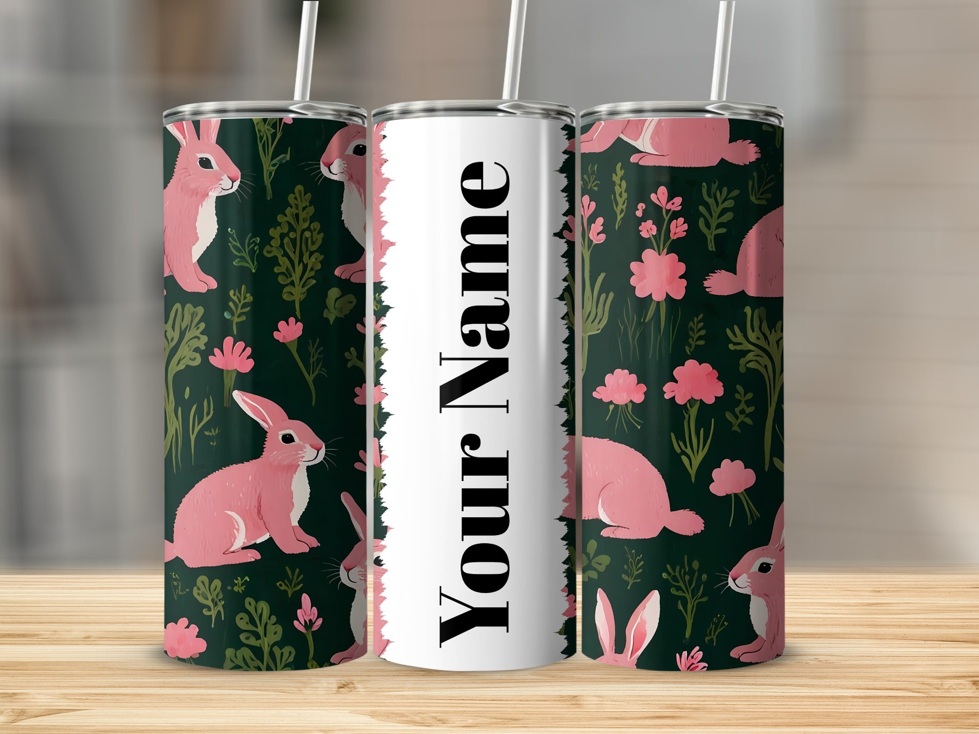 Cute Pink Rabbits Personalized Tumbler With Straw