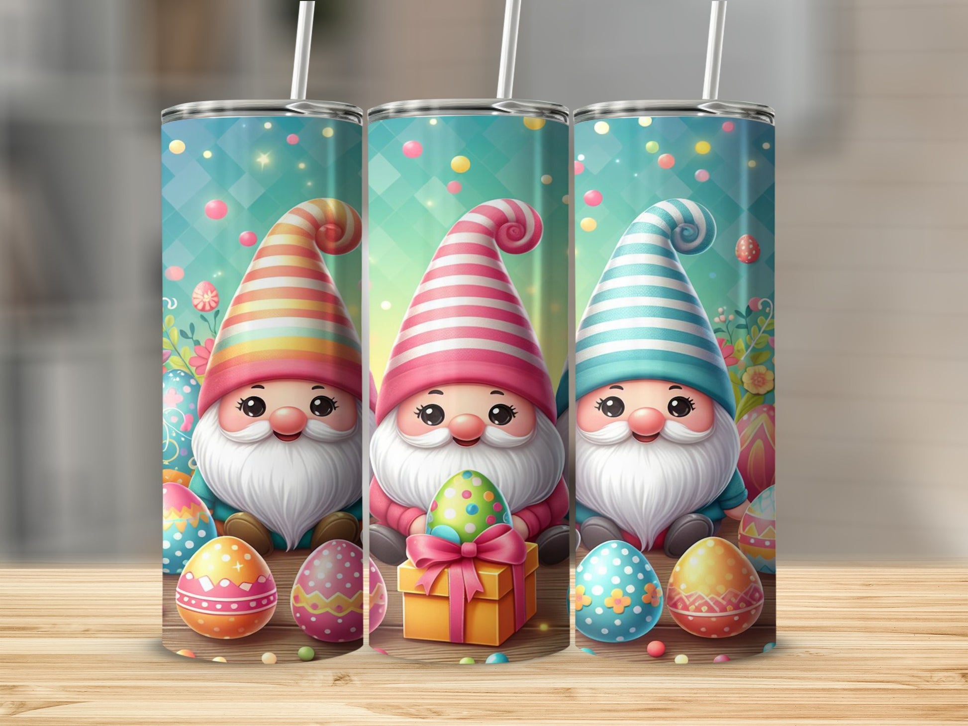 Three Easter gnomes with colorful hats and eggs, presented on tumblers.