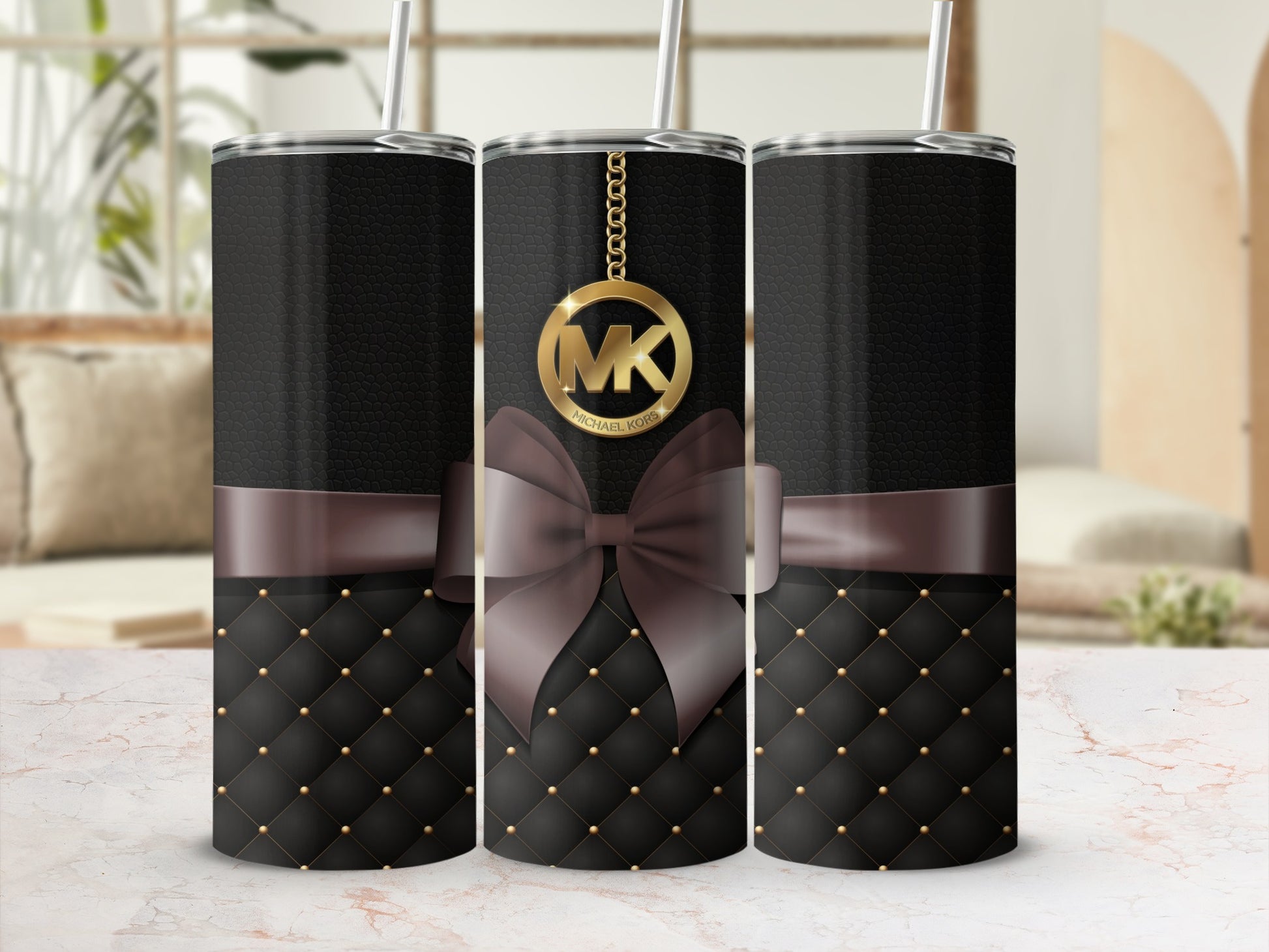 Elegant Black and Gold Tumbler with Bow Design
