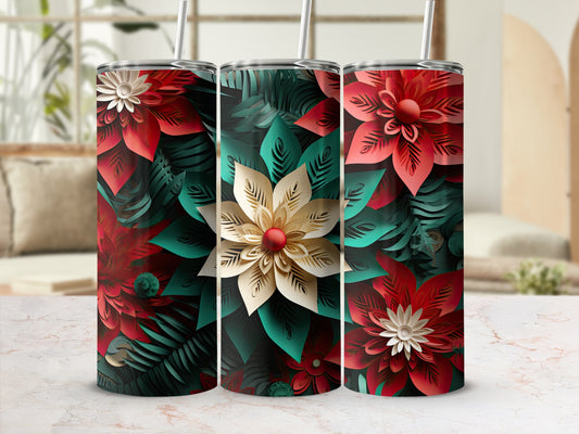 Three tumblers with red, teal, and cream floral designs.