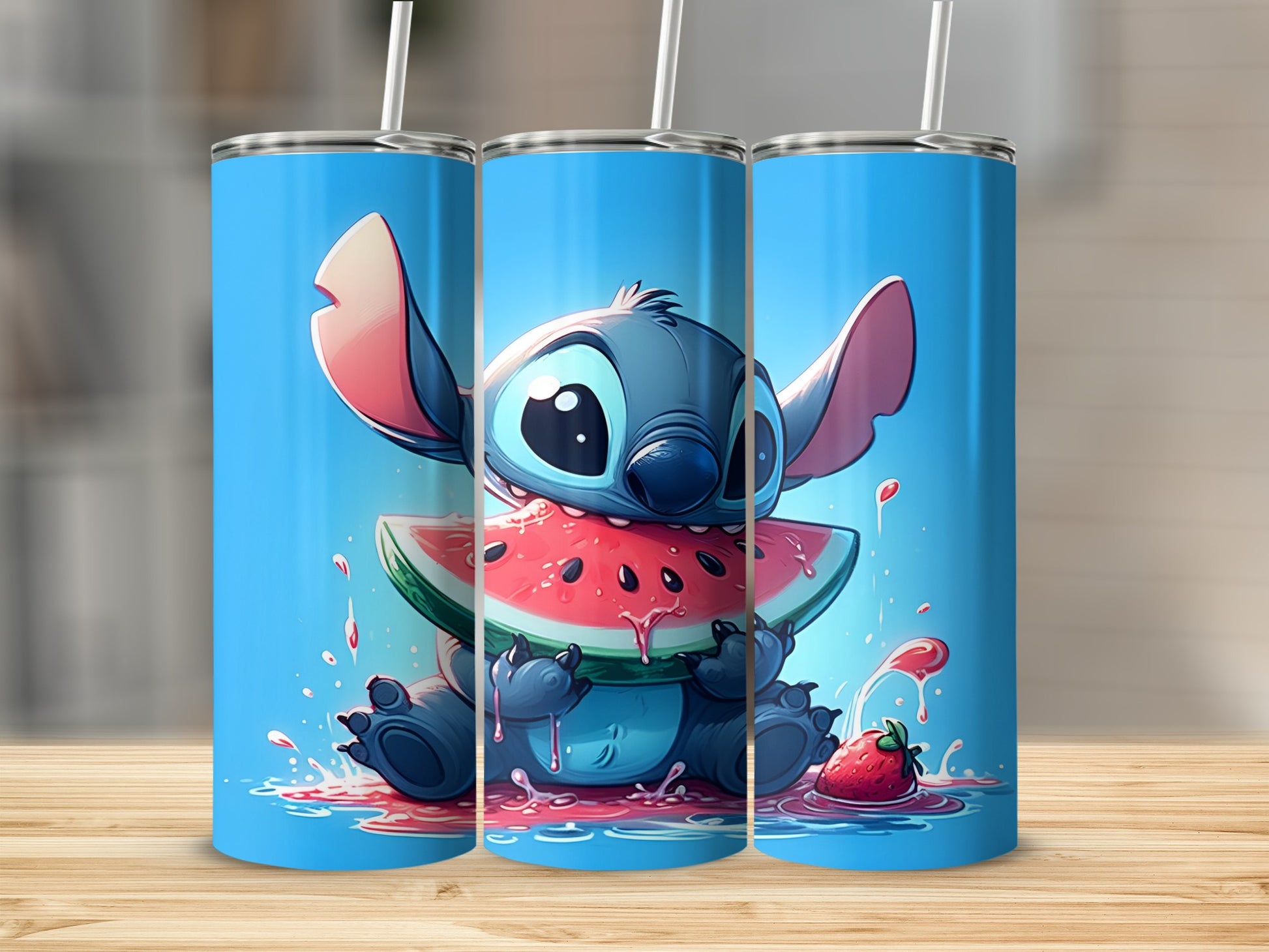 Blue Stitch character eating a slice of watermelon with a strawberry.