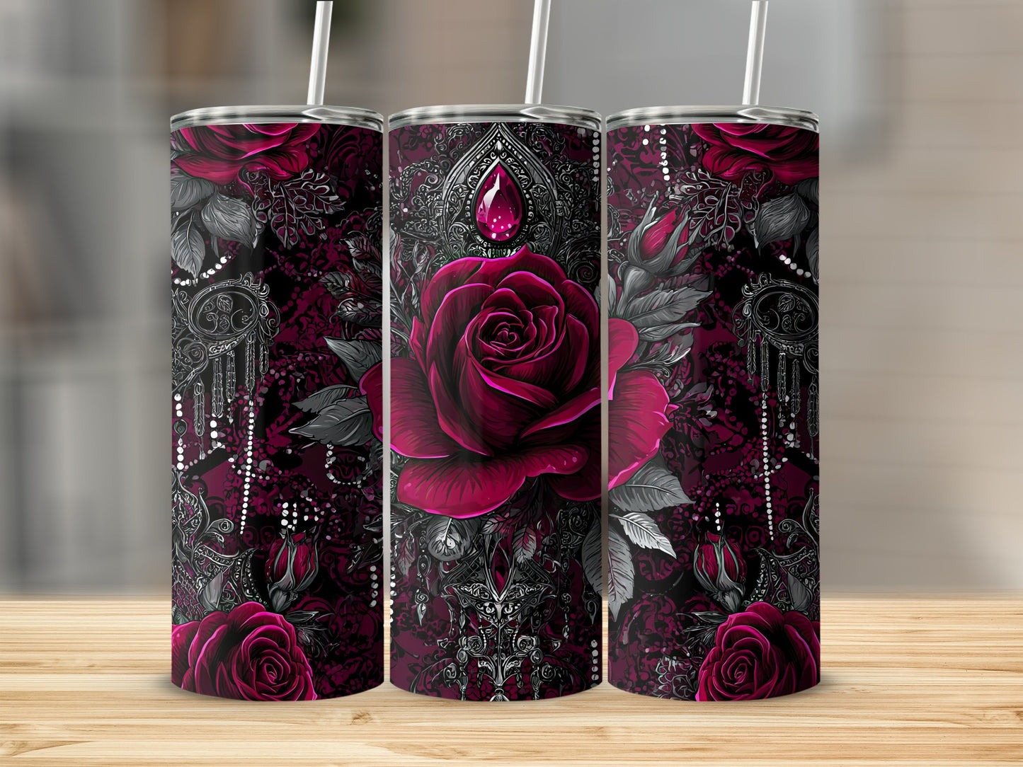 Gothic Rose and Jewel Design Tumbler on Black Background