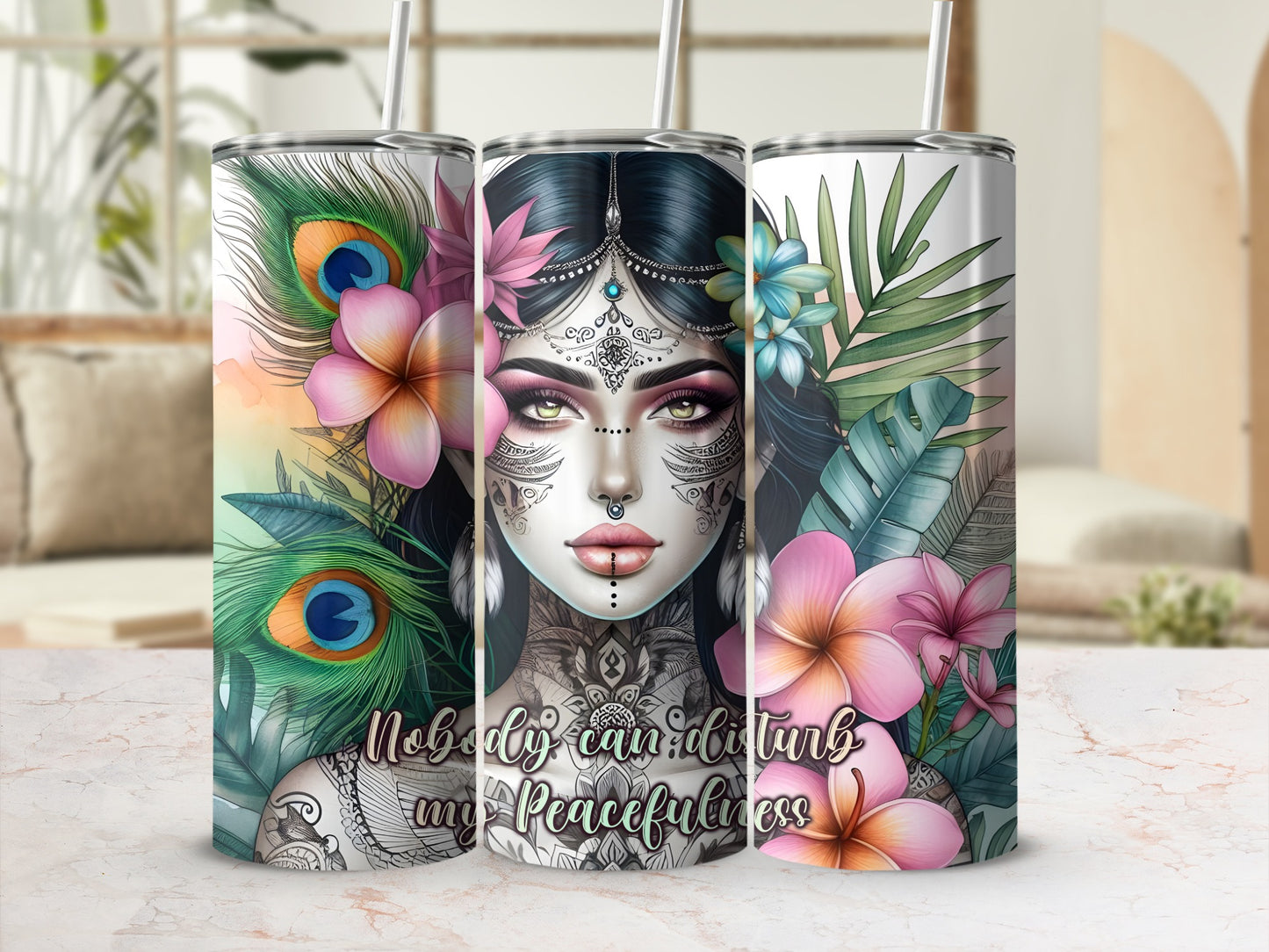 Woman with ornate face tattoos and feathers, text "nobody can disturb my peacefulness".