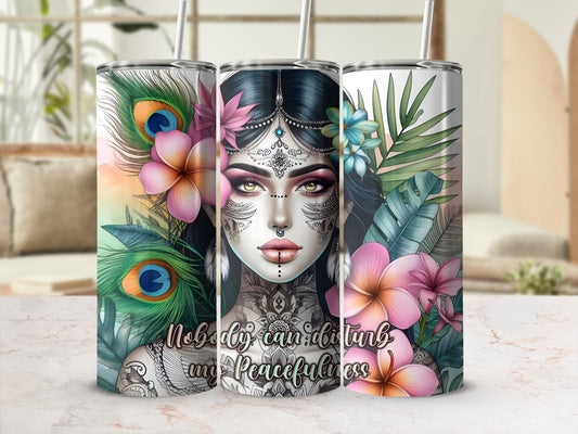 Woman with ornate face tattoos and feathers, text "nobody can disturb my peacefulness".