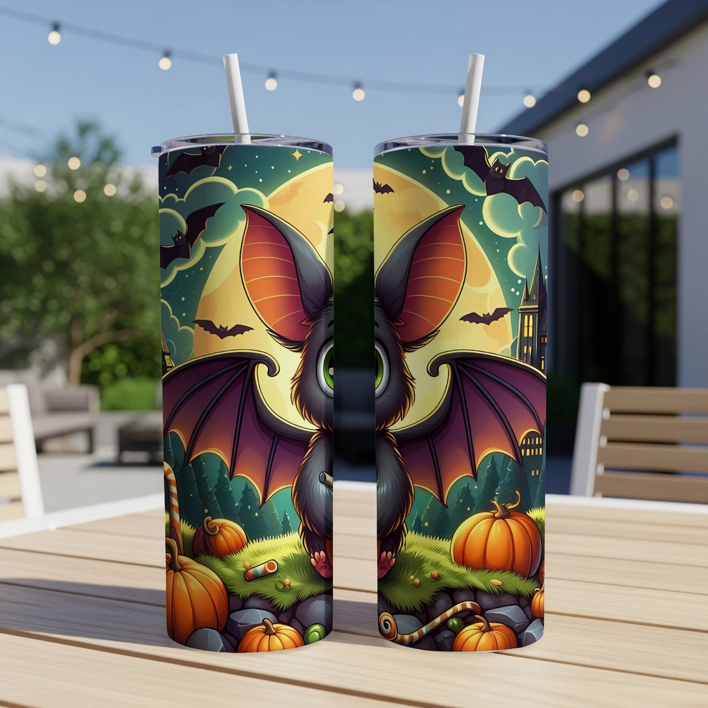 Two tumblers with a Halloween design featuring a bat, pumpkins, and a moonlit castle.