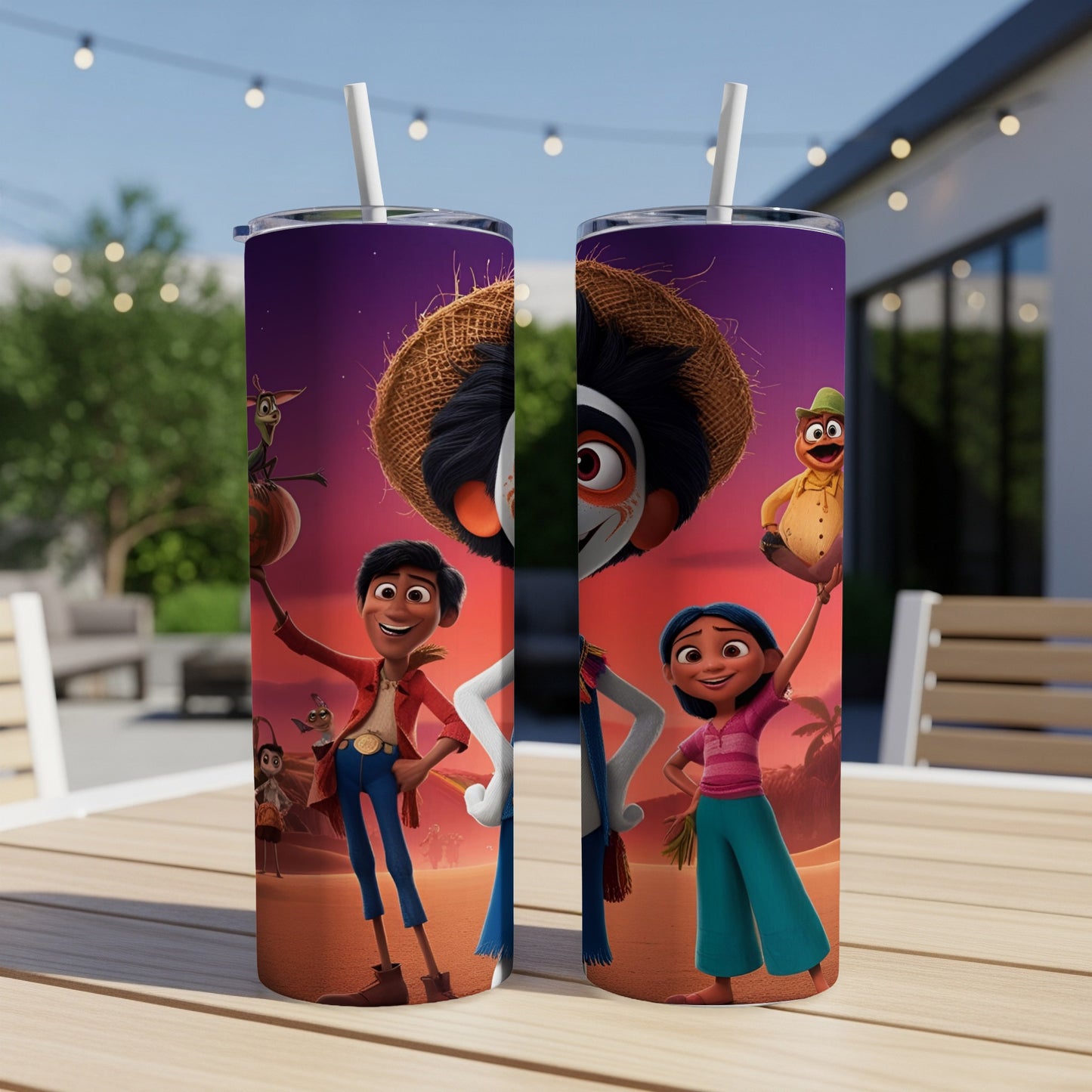 Two tumblers featuring characters from The Book of Life on a table.